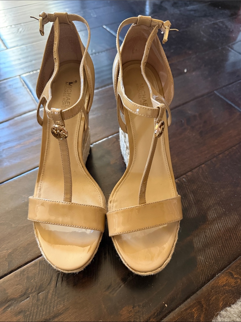 MICHAEL Michael Kors Nude Patent TโStrap Espadrille Wedge Sandals